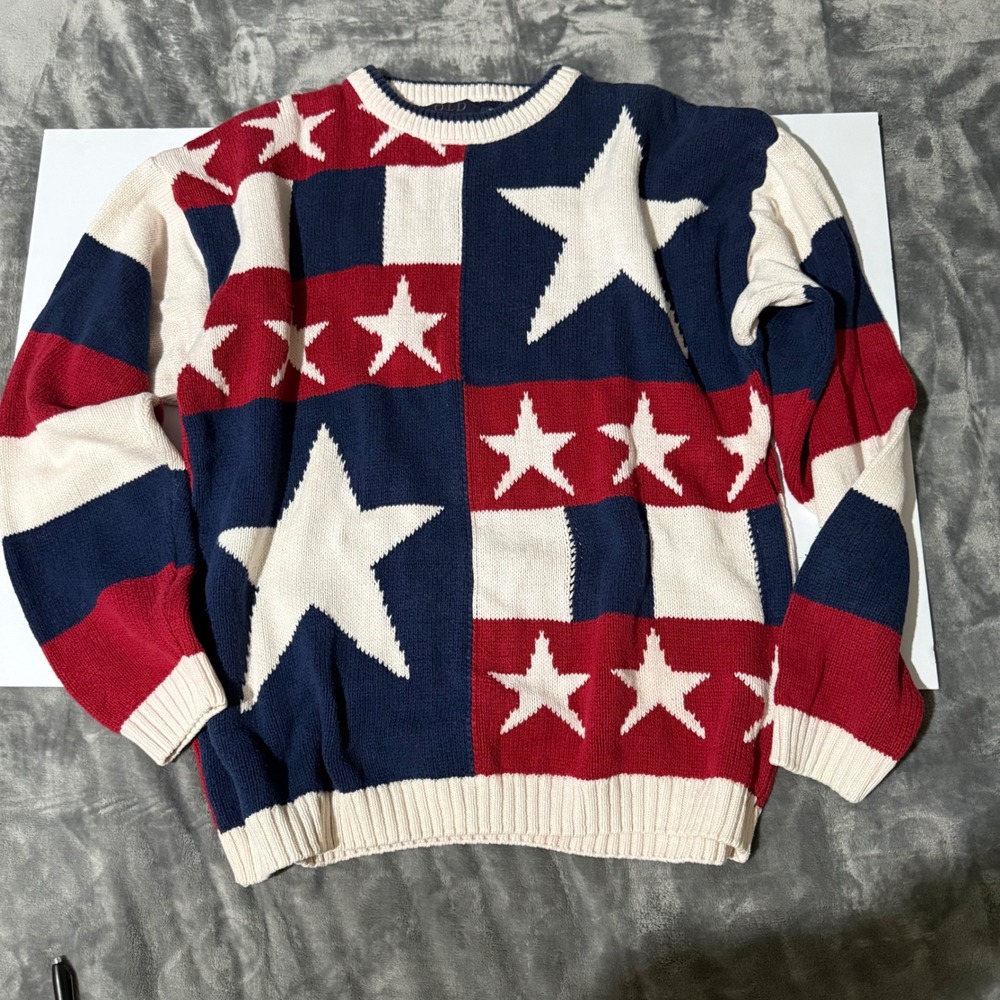 Old Glory American Flag Sweater Mens L Red White Blue Stars Stripes Cotton USA